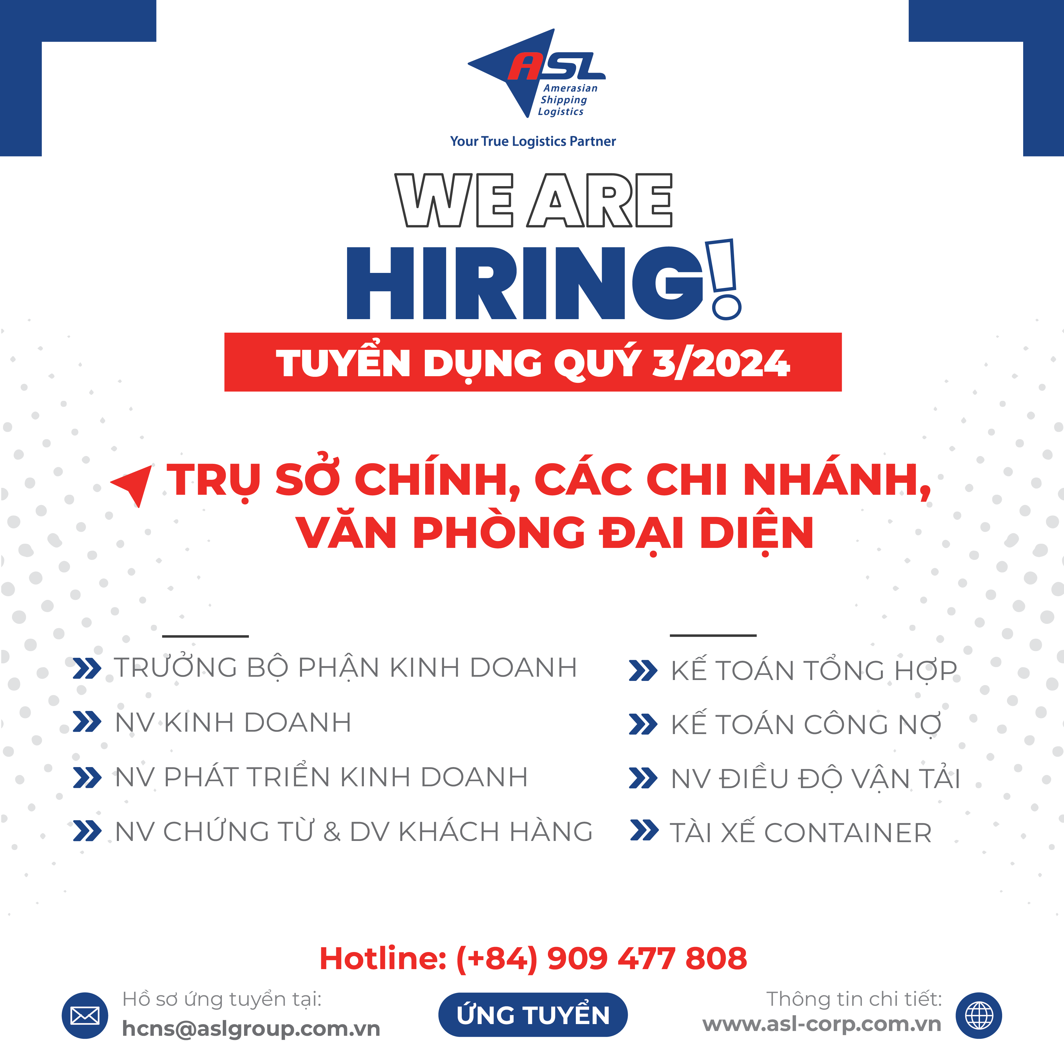 ASL LOGISTICS THÔNG BÁO TUYỂN DỤNG QUÝ 03 - 2024
